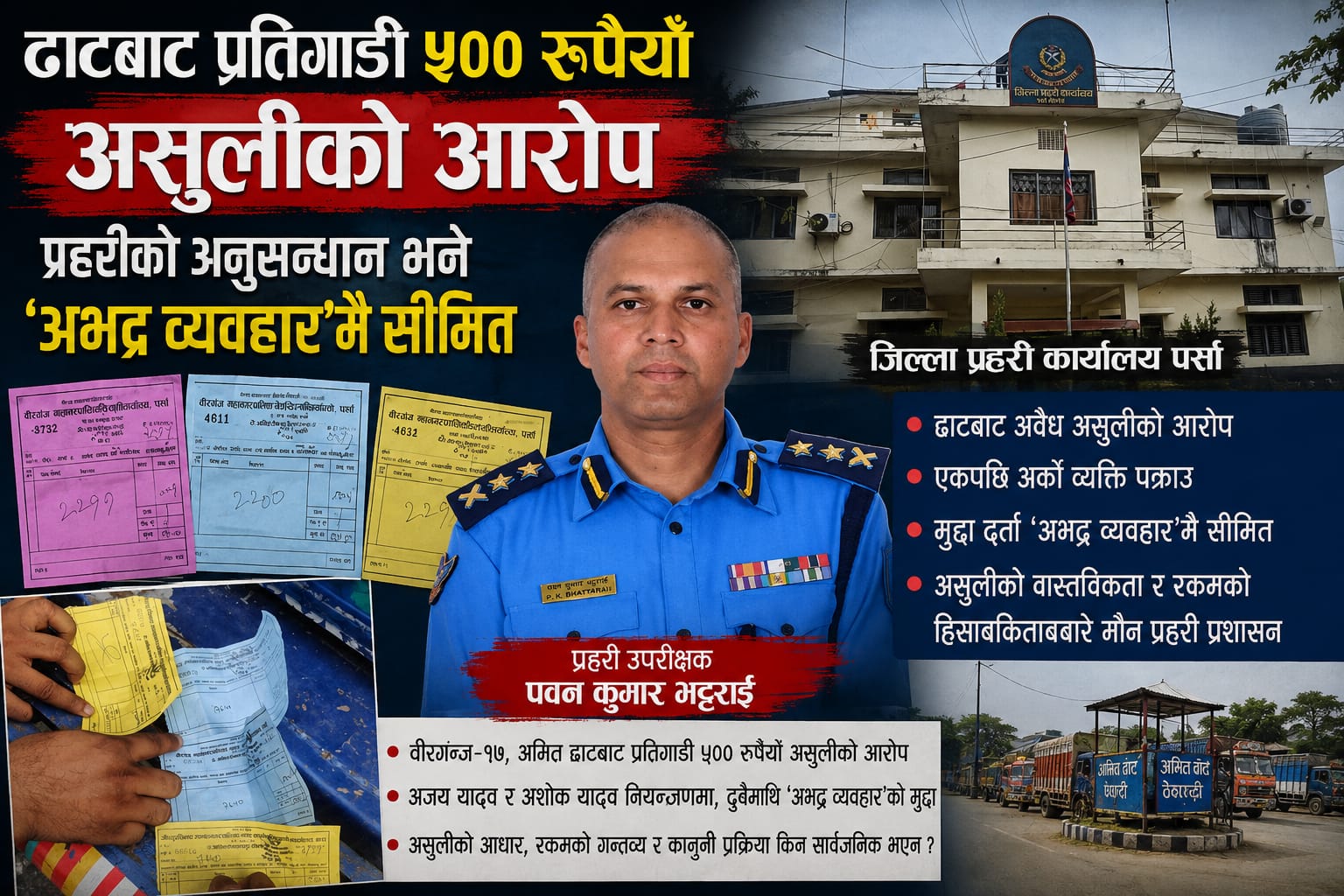 ढाटबाट प्रतिगाडी ५०० रुपैयाँ असुलीको आरोप : एकपछि अर्को व्यक्ति पक्राउ, अनुसन्धान भने ‘अभद्र व्यवहार’मै सीमित