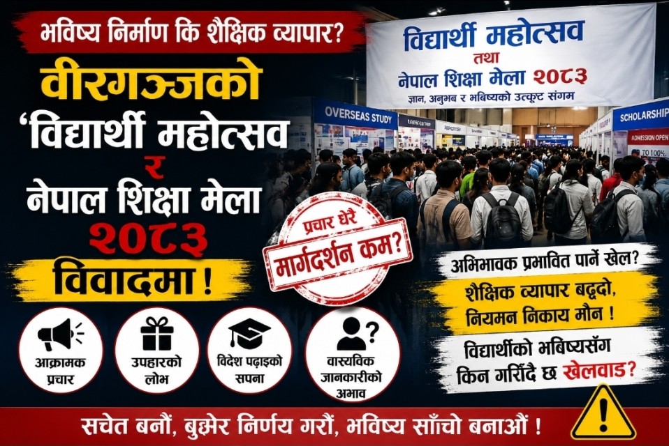 “भविष्य निर्माण”को नाममा वीरगञ्जमा शैक्षिक व्यापार ? ‘विद्यार्थी महोत्सव र नेपाल शिक्षा मेला २०८३’ माथि गम्भीर प्रश्न, अभिभावक प्रभावित पार्ने खेल भएको आरोप