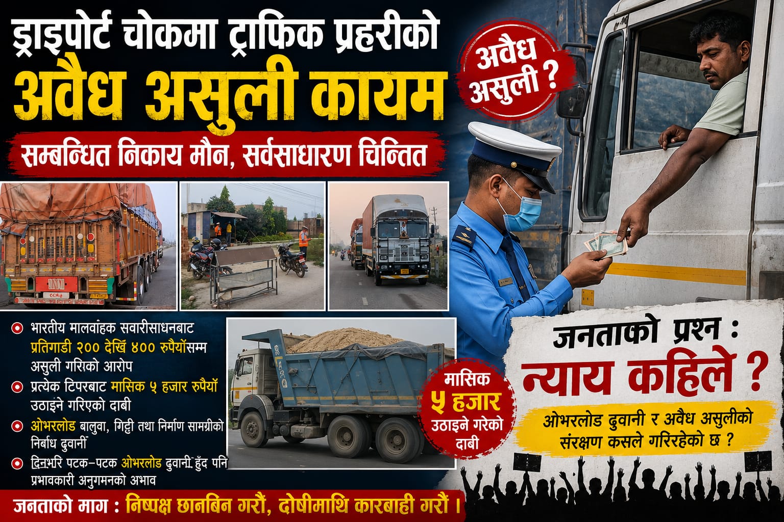 ड्राइपोर्ट चौकदेखि ग्रामीण सडकसम्म: ट्राफिक प्रहरीको संरक्षणमा ओभरलोड ढुवानी, महिनावारी असुलीको गम्भीर आरोप