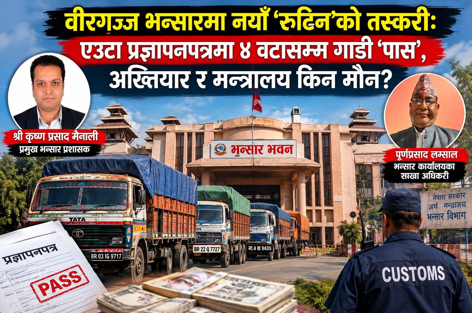 वीरगञ्ज भन्सारमा राजस्व चुहावटको आरोप : एउटै प्रज्ञापनपत्रमा चारवटासम्म गाडी पास